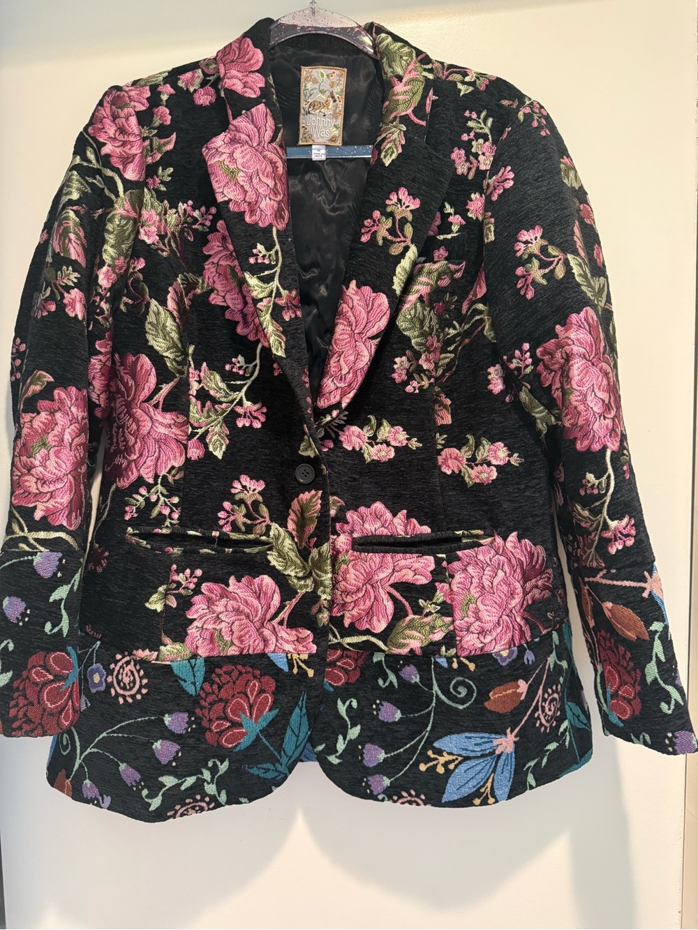 Johnny Was Brocade Black Blazer with Pink Floral Embroidery